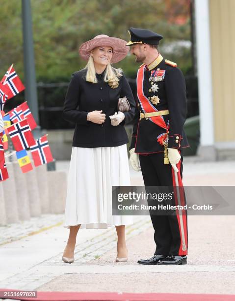 Norwegian Crown Prince Haakon and Crown Princess Mette- Marit attend the official welcoming ceremony for Maia Sandu's State Visit at Palace Square on...