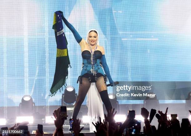 Madonna performs onstage during "The Celebration Tour: at Copacabana beach on May 04, 2024 in Rio de Janeiro, Brazil.