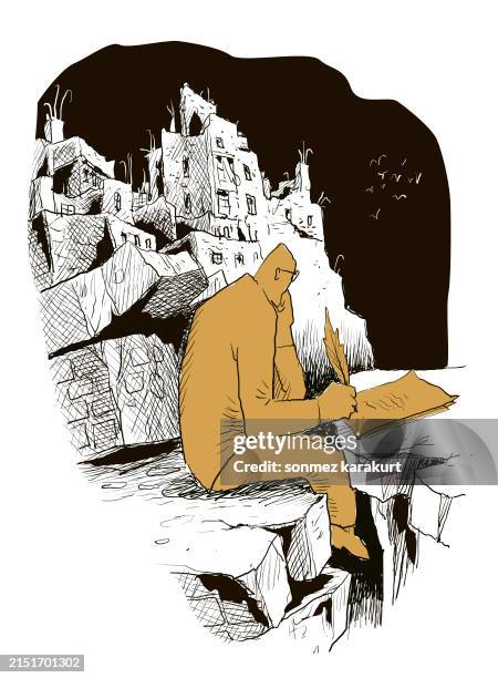 after the earthquake - poet stock illustrations