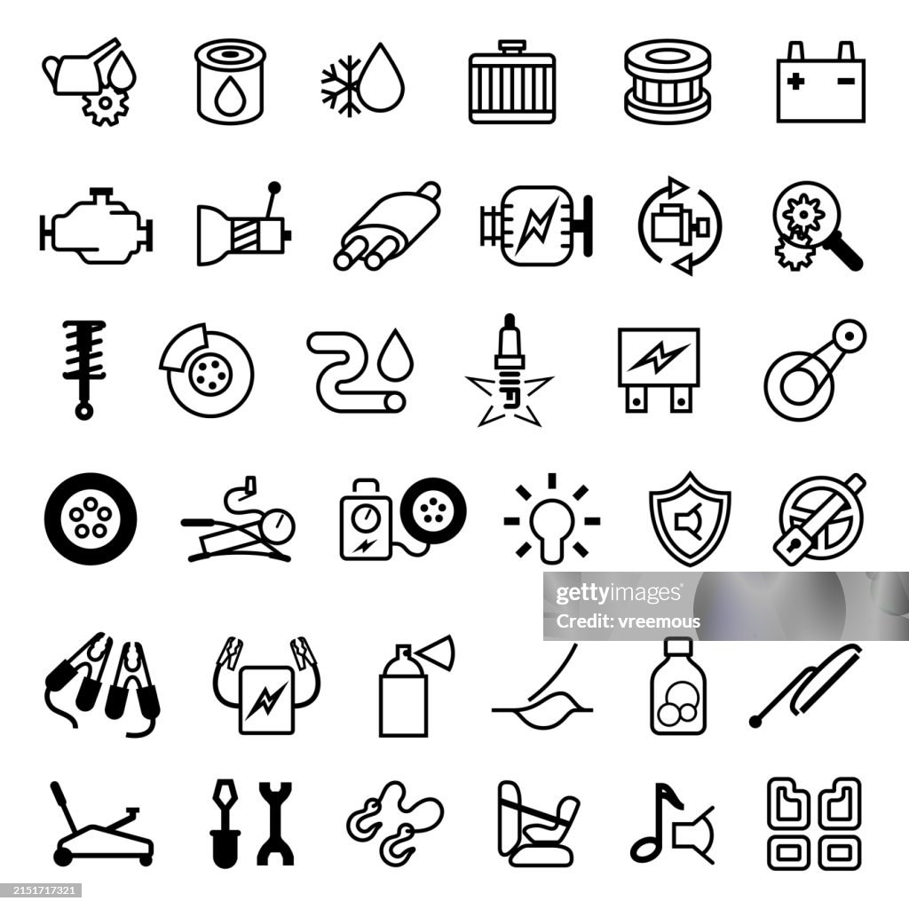 Car Parts, Maintenance, Repair and Accessories Line Icons