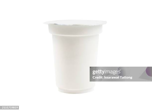 round white glossy plastic pot with foil cover for yogurt, cream, dessert or jam. - yoghurt lid stock pictures, royalty-free photos & images