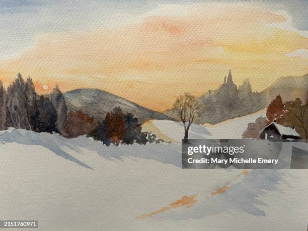 path to mountain shack on hill side. - winter sunset stock illustrations