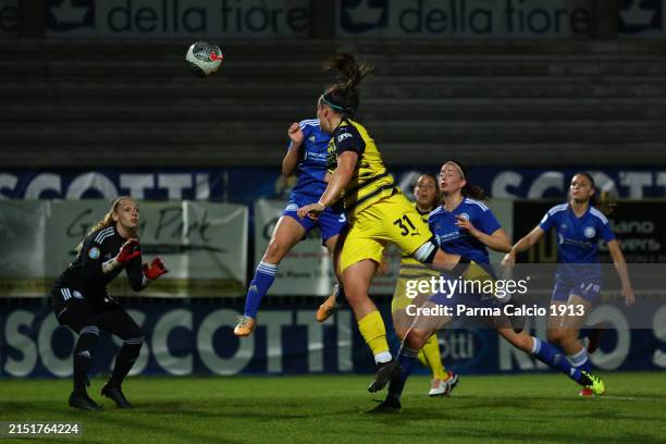 Caterina Ferin of Parma Calcio 1913 scores her team's third goal during the Serie B Women match between Pavia Academy SSD and Parma Calcio 1913 on...