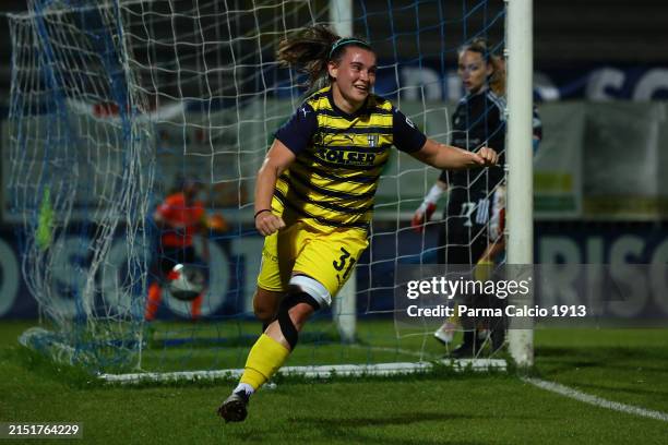 Caterina Ferin of Parma Calcio 1913 celebrates after scoring her team's third goal during the Serie B Women match between Pavia Academy SSD and Parma...