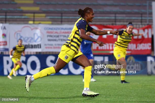 Kelly Odette Gago of Parma Calcio 1913 celebrates after scoring her team's first goal during the Serie B Women match between Pavia Academy SSD and...