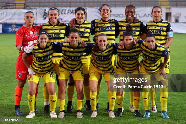 Players of Parma Calcio 1913 pose for a team photo during the Serie B Women match between Pavia Academy SSD and Parma Calcio 1913 on May 06, 2024 in...