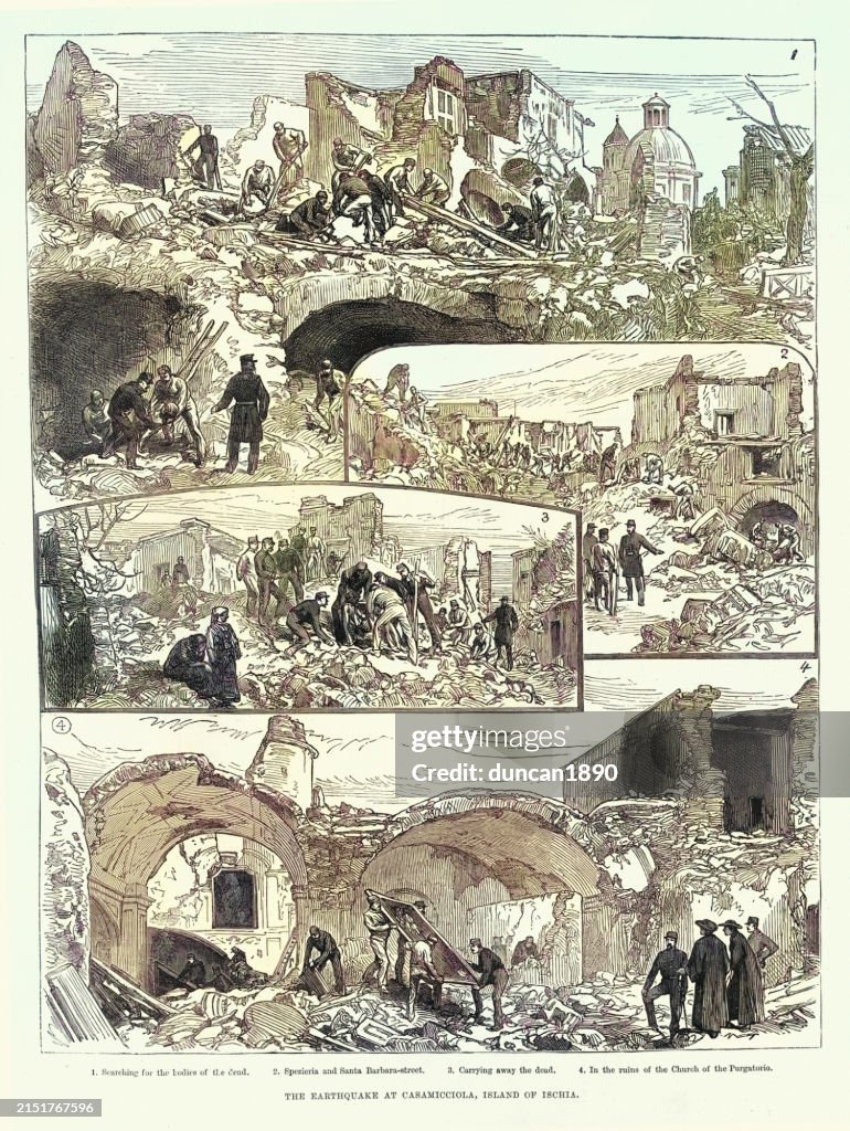 Destroyed buildings, Sketches from the Earthquake at Casamicciola, Island of Ischia, Italy, 1881, Victorian 19th Century