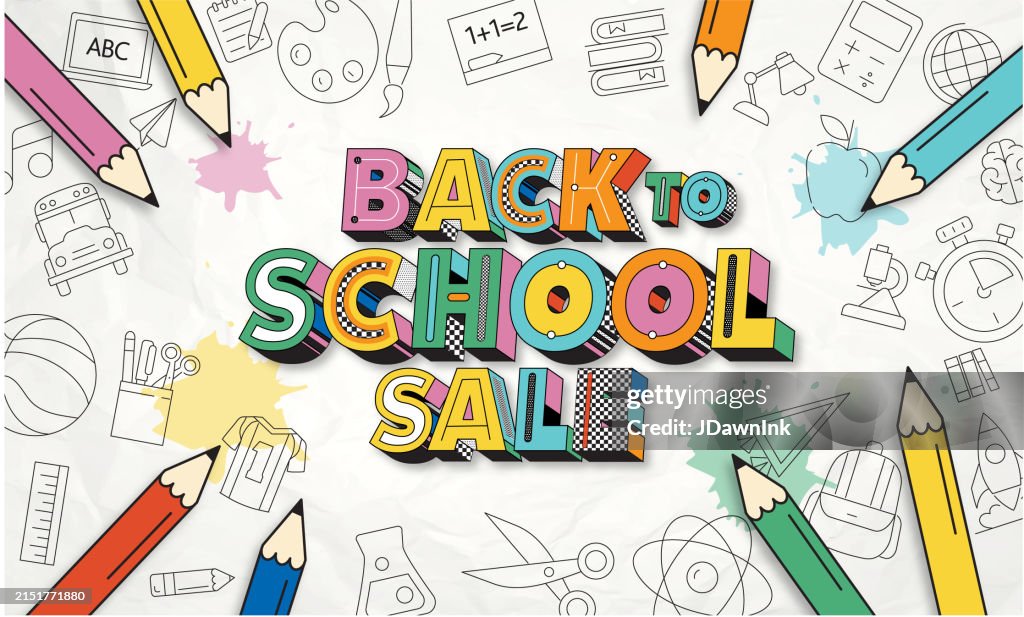 Back to school sale retro 90s style banner template design with crumpled paper and pencils 3D text education and fun icons