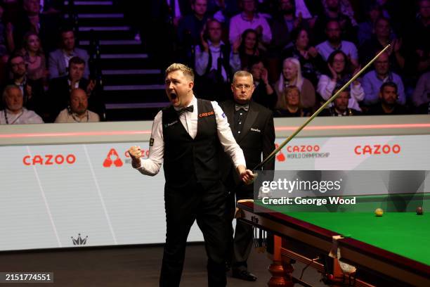 Kyren Wilson of England celebrates after a shot during the Final match between Jak Jones of Wales and Kyren Wilson of England on day seventeen of the...