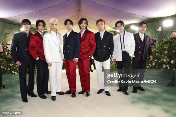 Bang Chan, Han, Felix, Seungmin, Hyunjin, I.N, Lee Know, and Changbin of Stray Kids attend The 2024 Met Gala Celebrating "Sleeping Beauties:...