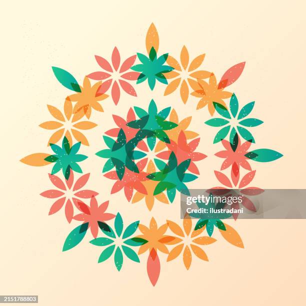flower mandala in color overlay - kaleidoscope pattern stock illustrations