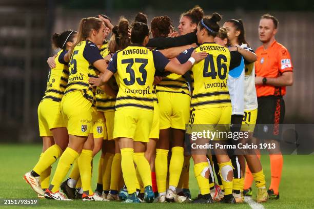 Kelly Odette Gago of Parma Calcio 1913 celebrates after scoring her team's first goal with her teammates during the Serie B Women match between Pavia...