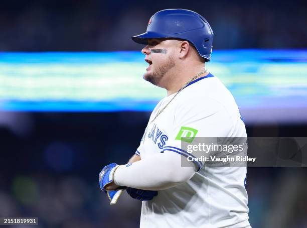 Daniel Vogelbach of the Toronto Blue Jays reacts after hitting a single during a game against the Kansas City Royals at Rogers Centre on May 01, 2024...
