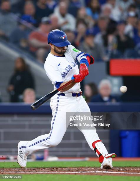 Isiah Kiner-Felafa of the Toronto Blue Jays bats during a game against the Kansas City Royals at Rogers Centre on May 01, 2024 in Toronto, Ontario,...
