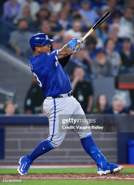 Salvador Perez of the Kansas City Royals bats during a game against the Toronto Blue Jays at Rogers Centre on May 01, 2024 in Toronto, Ontario,...