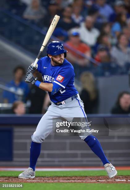 Garrett Hampson of the Kansas City Royals bats during a game against the Toronto Blue Jays at Rogers Centre on May 01, 2024 in Toronto, Ontario,...