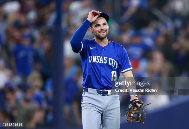 Michael Massey of the Kansas City Royals celebrates the win following a game against the Toronto Blue Jays at Rogers Centre on May 01, 2024 in...