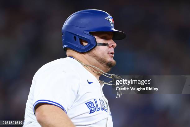 Daniel Vogelbach of the Toronto Blue Jays runs to first base during a game against the Kansas City Royals at Rogers Centre on May 01, 2024 in...