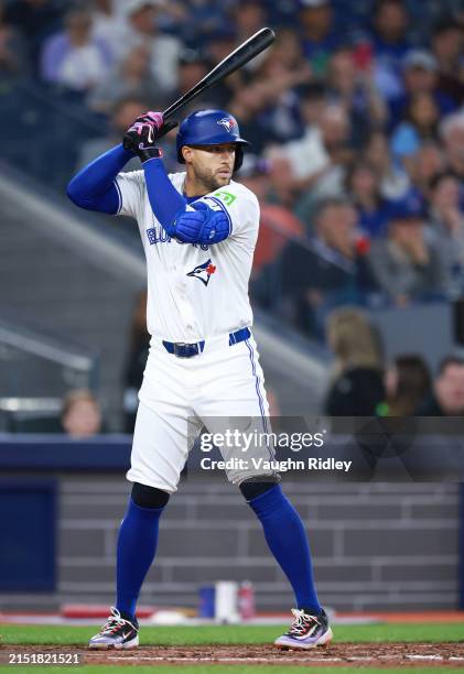 George Springer of the Toronto Blue Jays bats during a game against the Kansas City Royals at Rogers Centre on May 01, 2024 in Toronto, Ontario,...