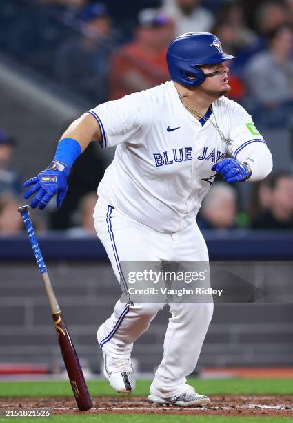 Daniel Vogelbach of the Toronto Blue Jays runs to first base during a game against the Kansas City Royals at Rogers Centre on May 01, 2024 in...
