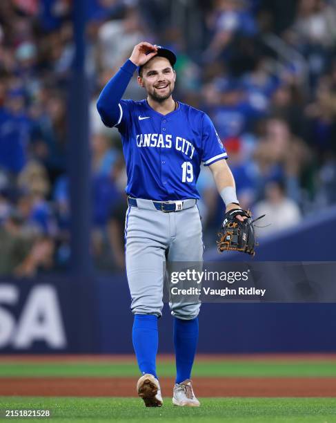 Michael Massey of the Kansas City Royals celebrates the win following a game against the Toronto Blue Jays at Rogers Centre on May 01, 2024 in...