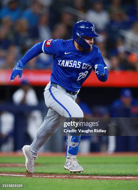 Kyle Isbel of the Kansas City Royals runs to first base during a game against the Toronto Blue Jays at Rogers Centre on May 01, 2024 in Toronto,...
