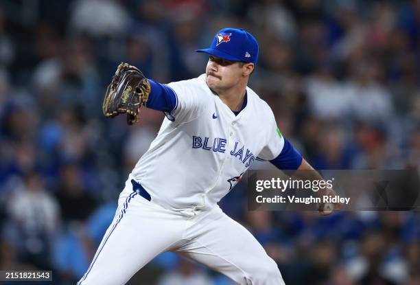 Brendon Little of the Toronto Blue Jays delivers a pitch during a game against the Kansas City Royals at Rogers Centre on May 01, 2024 in Toronto,...