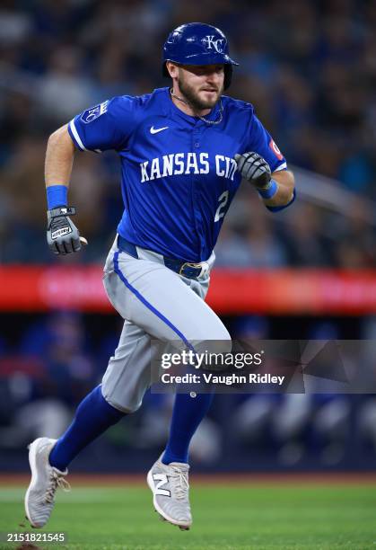 Garrett Hampson of the Kansas City Royals runs to first base during a game against the Toronto Blue Jays at Rogers Centre on May 01, 2024 in Toronto,...