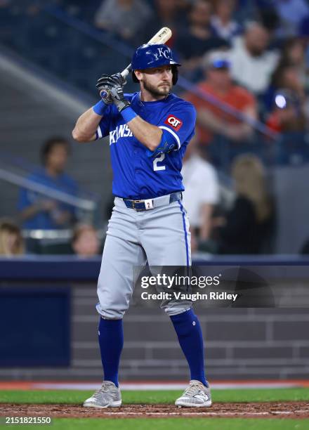 Garrett Hampson of the Kansas City Royals bats during a game against the Toronto Blue Jays at Rogers Centre on May 01, 2024 in Toronto, Ontario,...