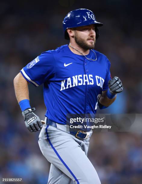 Garrett Hampson of the Kansas City Royals runs to first base during a game against the Toronto Blue Jays at Rogers Centre on May 01, 2024 in Toronto,...