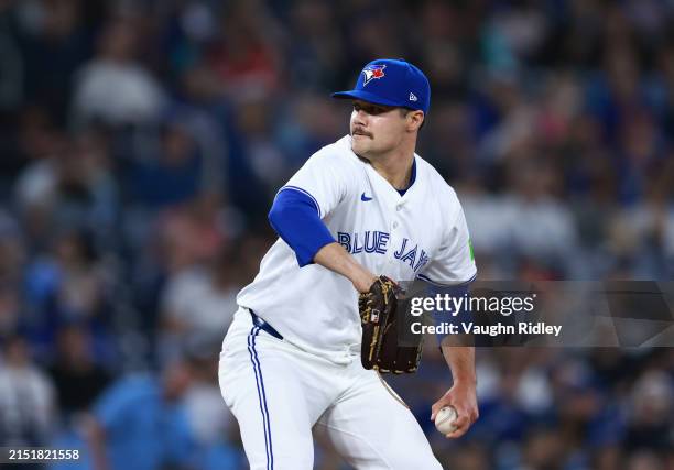 Brendon Little of the Toronto Blue Jays delivers a pitch during a game against the Kansas City Royals at Rogers Centre on May 01, 2024 in Toronto,...
