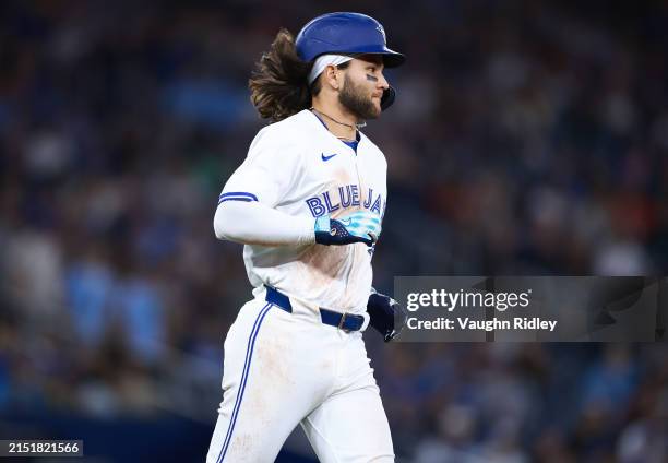 Bo Bichette of the Toronto Blue Jays runs to first base during a game against the Kansas City Royals at Rogers Centre on May 01, 2024 in Toronto,...