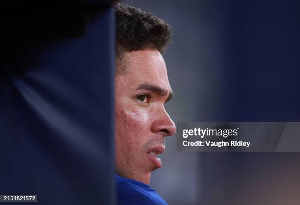 Freddy Fermin of the Kansas City Royals looks on from the dugout during a game against the Toronto Blue Jays at Rogers Centre on May 01, 2024 in...