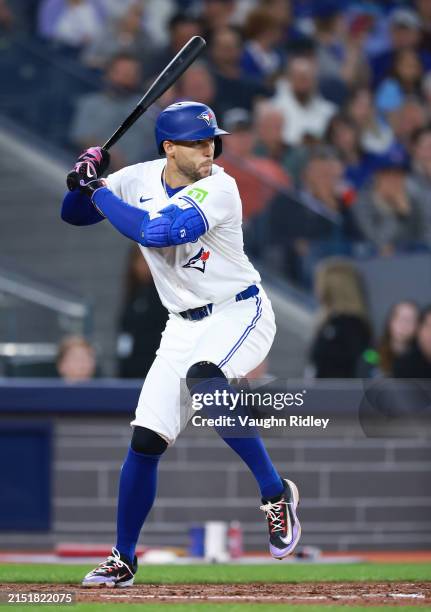 George Springer of the Toronto Blue Jays bats during a game against the Kansas City Royals at Rogers Centre on May 01, 2024 in Toronto, Ontario,...