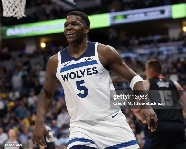Anthony Edwards of the Minnesota Timberwolves reacts after a basket during the fourth quarter in Game Two of the Western Conference Second Round...