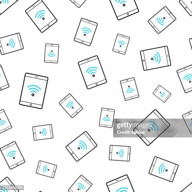 tablet pc with wifi. seamless pattern. line icons on white background - using tablet screen stock illustrations