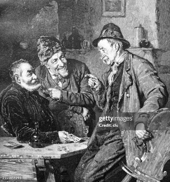 ilustraciones, imágenes clip art, dibujos animados e iconos de stock de tres hombres mayores jugando a las cartas y discutiendo, sentados y de pie alrededor de una mesa - cotilleo