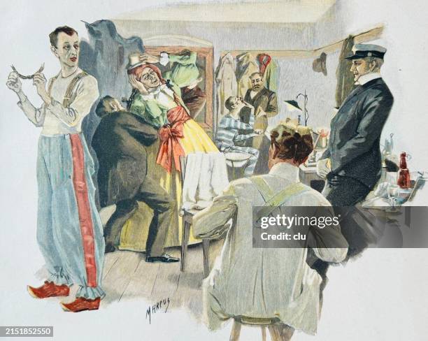 männer werden in einer theaterumkleidekabine in frauen verwandelt - alte deutsche schauspieler stock-grafiken, -clipart, -cartoons und -symbole