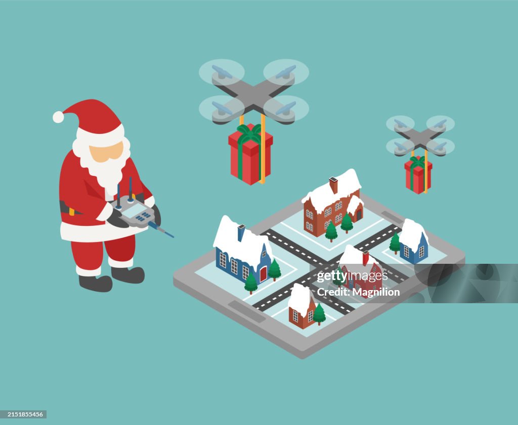 Santa Using Drones Santa Claus And Drone Delivery With Christmas Gifts Isometric Vector ...