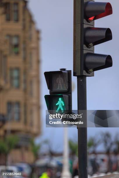 green light a pedestrian friendly urban moment - señal de carretera fotografías e imágenes de stock
