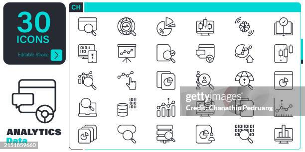 data analytics icon set. 30 editable stroke vector graphic elements, stock illustration icon symbol, technology, artificial intelligence, business, big data, data mining, internet of things - database abstract stock illustrations