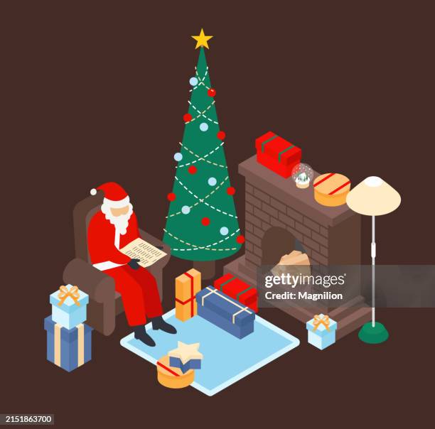 santa claus in a cozy environment near the fireplace and christmas trees with gifts, isometric vector - cosy christmas background stock illustrations