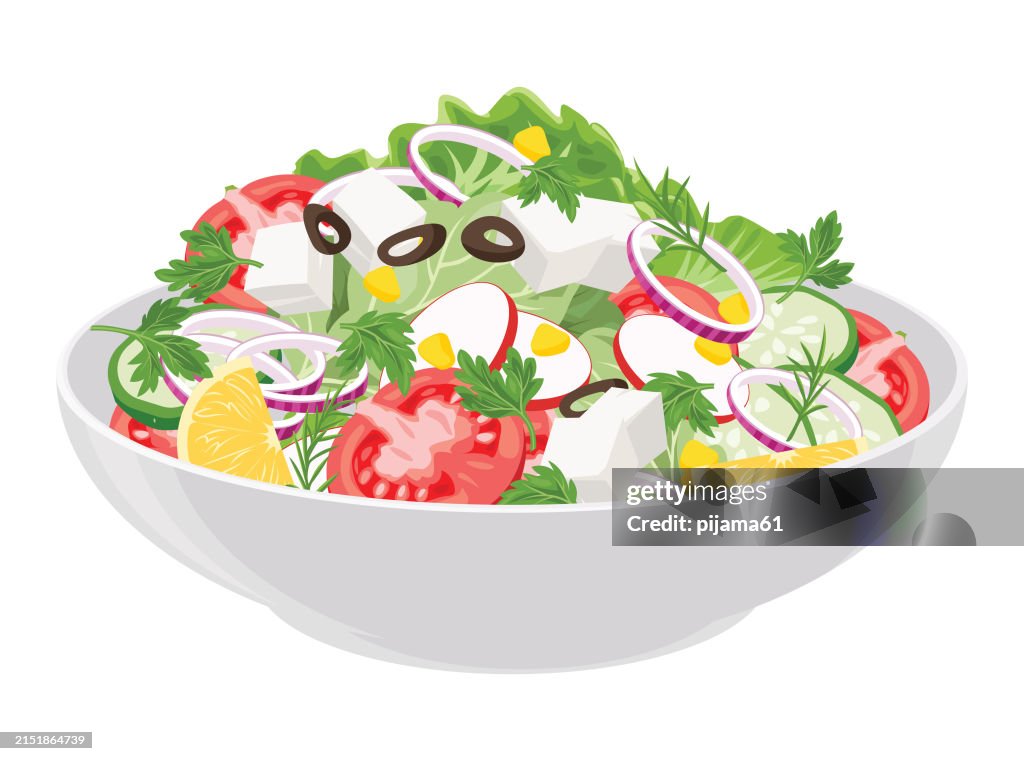 Salad with cheese and fresh vegetables isolated on white background.