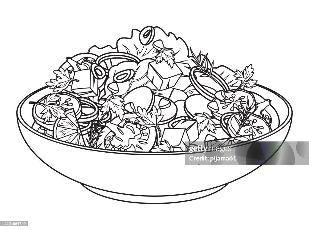 Salad with cheese and fresh vegetables isolated on white background.