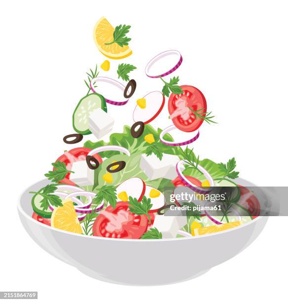 illustrazioni stock, clip art, cartoni animati e icone di tendenza di insalata con formaggio e verdure fresche isolate su sfondo bianco. - piatto stoviglie