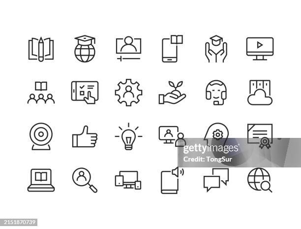 e-learning - line icons - round training icons stock illustrations