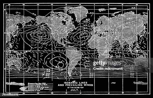 old engraved map of isobaric lines and prevailing winds in the world (of the globe for july) - wind map stock pictures, royalty-free photos & images