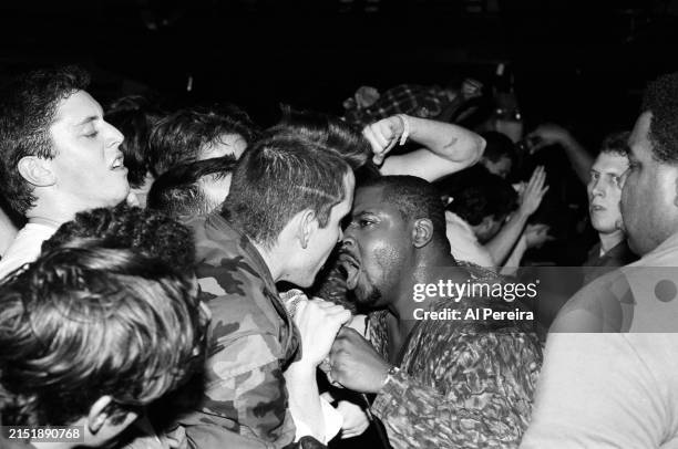 Rock and Rap hybrid group The Hard Corps moves into the crowd when it performs at The Ritz on February 28, 1992 in New York City. (Members: Bob...