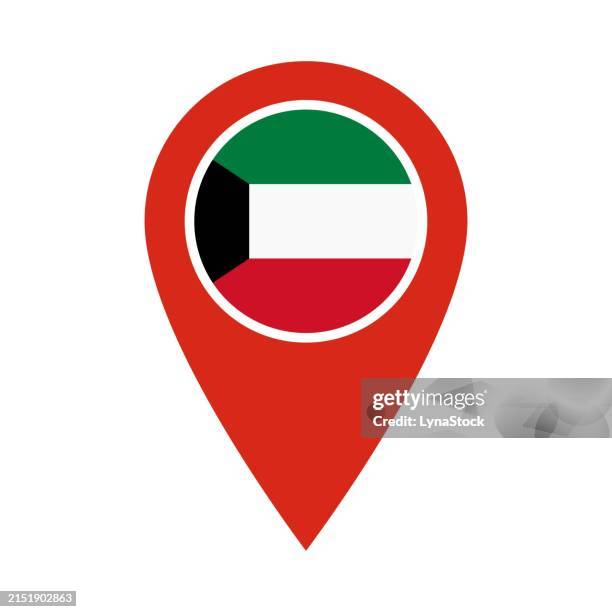 pinpoint vector icon with kuwait national flag isolated on white background. map pointer symbol for website, gps navigator, apps. illustration in flat design. location marker. geolocation mark on the map. - kuwaiti flag stock illustrations