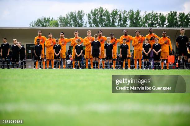 Team of the Netherlands sings the national anthem prior to the U15 international friendly match between Germany and Netherlands on May 07, 2024 in...